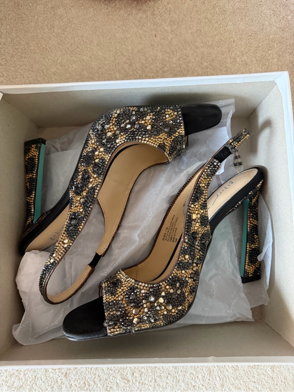 Betsy Johnson Embellished Black and Gold Slingback Peep-Toe Heels- size 7